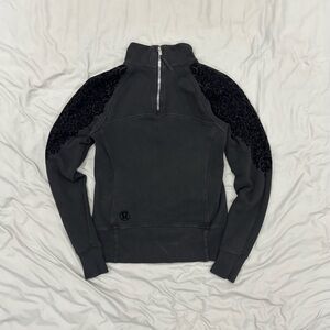 Lululemon Pullover Floral Flock Black Athletic Cropped Quarter Zip Suede Flower